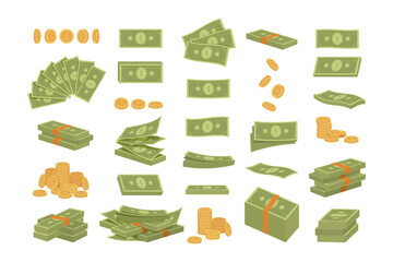 cartoon banknote. financial economy banking payment concept, cartoon flat minimalistic bank cash money, green dollar signs. vector cartoon items set. - obrazy, fototapety, plakaty