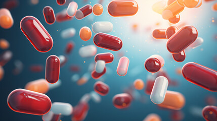 A group of antibiotic pill capsules falling. Health - obrazy, fototapety, plakaty