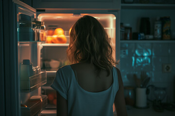 Rear view of hungry woman looking in the fridge late at night searching for a snack - obrazy, fototapety, plakaty