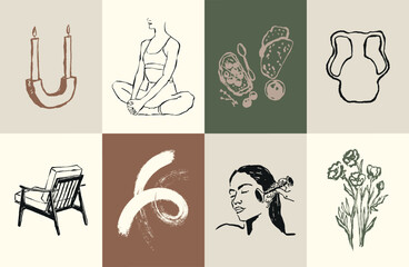 Minimalist bohemian modern art illustrations. Art for poster design, banners, wallpapers, brand identity, backgrounds.