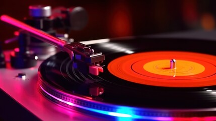 Vinyl record playing on old retro turntable. Vinyl record player in neon colors. 80s and 90s music...