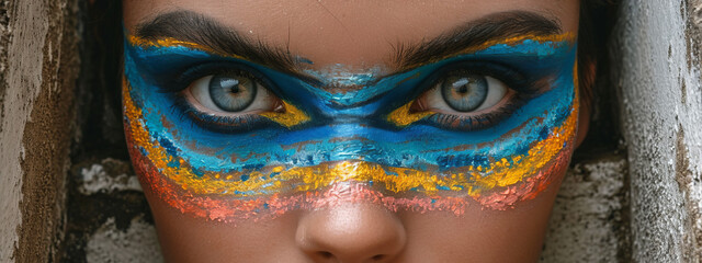Mystical Transformation, A Mesmerizing Portrait of a Woman Adorned in Vibrant Blue and Yellow Face Paint