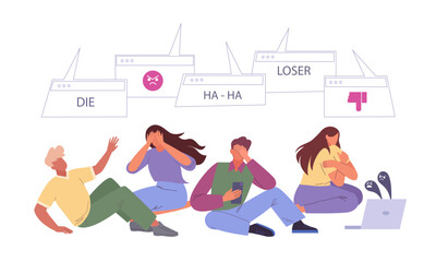 online abused characters. online haters, web internet social networks cyber bullying, harassment depressed unhappy network cyberbulled characters concept. vector cartoon charcters collection.