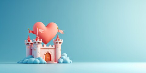 Magic Pink Princess Castle with red heart. Cartoon Style. Children’s game. Games. Fantasy kingdom. Toy. 3D Illustration for book. Copy space for text. Valentine’s Day Card. Love. Isolated on blue - obrazy, fototapety, plakaty