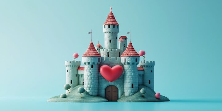 Magic grey Princess Castle with red heart. Cartoon Style. Children’s game. Games. Fantasy kingdom. Toy. 3D Illustration for book. Copy space for text. Valentine’s Day Card. Love. Isolated on blue