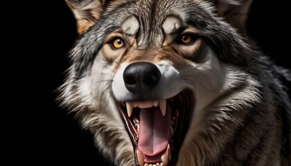 Portrait of an angry grinning wolf on a black background. The snarling face of a wolf. Banner about wild animal with copy space