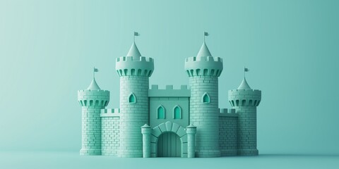 Magic green Princess Castle. Cartoon Style. Children’s game. Games. Fantasy kingdom. Toy. 3D Illustration for book. Copy space for text. Valentine’s Day Card. Love. Isolated on blue
