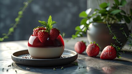 Elegant molecular gastronomy dessert featuring chocolate gel and a ripe strawberry garnish