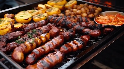 Street cuisine, homemade sausages, and meat grilled on the grill with potatoes are examples of meat delicacies.