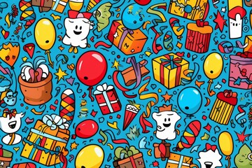 Cartoon cute doodles illustrating a variety of birthday elements, including gift boxes, balloons, and confetti, in a playful and celebratory, Generative AI