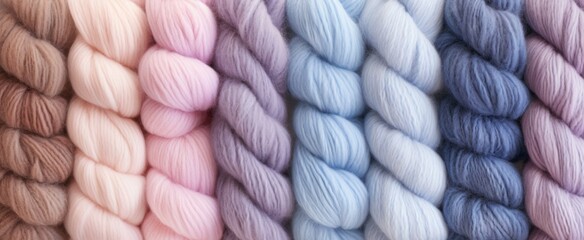 Assorted Colors of Chunky Knitted Yarn. Array of chunky yarn skeins in a variety of colors, beautifully twisted and arranged, showcasing the texture and potential for cozy creations. - obrazy, fototapety, plakaty