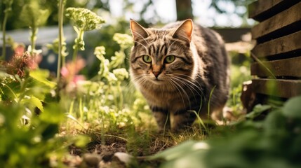 Naklejka na ściany i meble Tabby Cat Exploring the Garden. A curious tabby cat moves stealthily among the greenery of a lush garden, exploring its natural surroundings with keen interest.