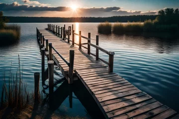 Foto auf Leinwand Small woody fishing pier at the lake. Moody colors of sunset. Poland © MISHAL