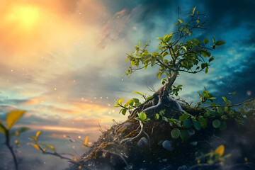 Young tree in the nature - Sunrise Vitality: Nature's Anthem of New Beginnings - obrazy, fototapety, plakaty