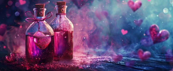Heart-Shaped Love Potion Bottle on magic Background. A bewitching love potion magical aura, with witchcraft spell symbols and flowers. Ancient Magic Love Potion for Your Valentine