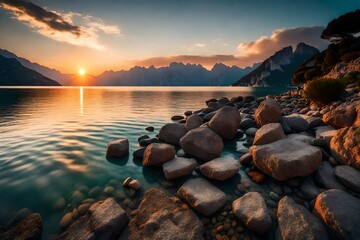 Moody sunset at lake gardasee with rocks at coast, reflection of sun in the water