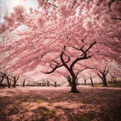 an image of a grove of Japanese cherry trees in full bloom
