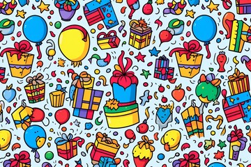 Cartoon cute doodles illustrating a variety of birthday elements, including party horns, gift bags, and birthday candles, in a festive seamless design, Generative AI