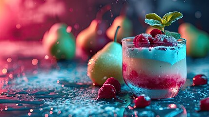 A chilled molecular gastronomy dessert bursts with berries and neon lighting