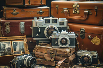 Old film cameras and vintage photography equipment. - obrazy, fototapety, plakaty