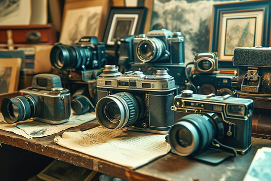 Old film cameras and vintage photography equipment.