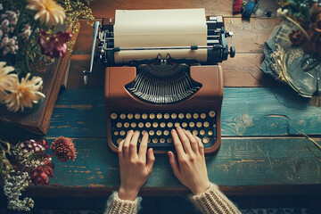 Hands using a classic typewriter with vintage paper in retro environmental. - Powered by Adobe