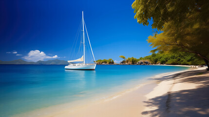 A serene tropical beach with a white sailing yacht moored in azure waters under clear blue skies,...