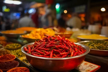 Crédence de cuisine en verre imprimé Piments forts A vibrant display of red chili peppers in a bowl at an Asian street market, symbolizing local cuisine and flavors
