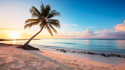 Tranquil tropical beach with a single palm tree leaning over clear blue water at sunset
