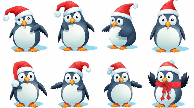 A vector image of a set of cute and amiable penguin Christmas figures, complete with a Santa hat, gifts, and skating elements for use in Christmas collection designs.