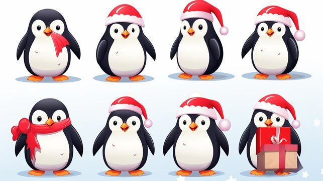 A vector image of a set of cute and amiable penguin Christmas figures, complete with a Santa hat, gifts, and skating elements for use in Christmas collection designs.