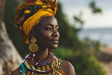 Fototapeta premium African woman in traditional attire with colourful beads and headscarf, serenely posing outdoors, embodying cultural beauty and heritage