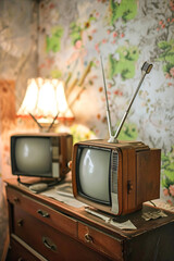 Antique televisions with rabbit ear antennas in vintage ambient.