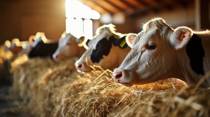 Dairy cows rest on a bed of hay in a sunlit stable