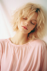 Fototapeta premium Portrait of a beautiful young girl with blond hair in a pink dress