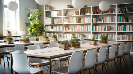 Modern library interior with white chairs, wooden tables adorned with green plants, and bookshelves filled with assorted books - obrazy, fototapety, plakaty