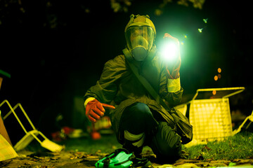 Scientist in Bio-hazard protective Suite Researching a Domestic Scene in Apocalyptic Cinematic...