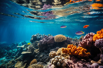 Naklejka na ściany i meble Vivid underwater seascape showcasing tropical fish and colorful coral reef with sunlight filtering through clear blue water