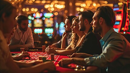 Upper class friends gambling in a casino, at table - obrazy, fototapety, plakaty
