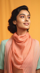 Fototapeta premium Beautiful young indian woman wearing scarf on yellow background, closeup