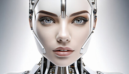 Zblizenie na twarz androida o twarzy pieknej kobiety. AI Generative. - obrazy, fototapety, plakaty