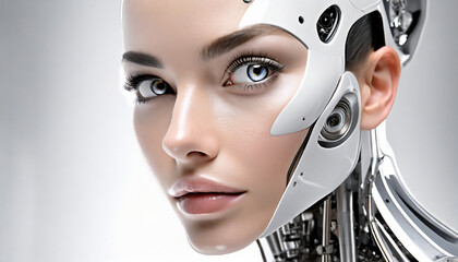 Zblizenie na twarz androida o twarzy pieknej kobiety. AI Generative. - obrazy, fototapety, plakaty
