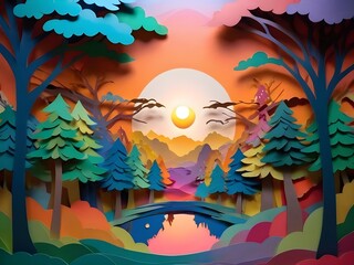 , Colorful dreamscape with trees and a sunset, all made of paper cutoutsAi generative