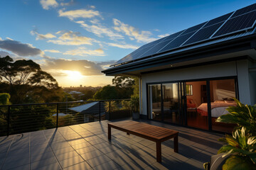 Modern eco-friendly home with solar panels on the roof during a scenic sunset, illustrating sustainable living and energy efficiency