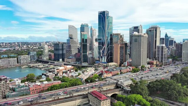 Sydney, Australia: Aerial view of skyscraper skyline of Sydney central business district (CBD) in capital city of Australian state of New South Wales and most populous city in Australia