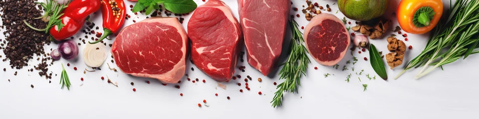 Fotobehang fresh pork steaks and seasonings for marinade top view © Anna