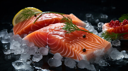 red fish salmon ice and lemon on a dark background