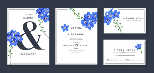 Wedding invitation, floral thank you cards, rsvp modern postcard design with realistic blue forget-me-not flowers. Templates can also be used for advertising, posts in social networks other designs  - obrazy, fototapety, plakaty