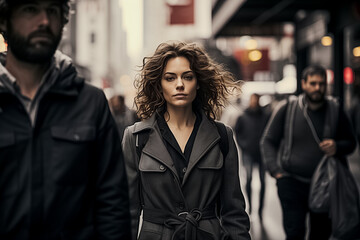 Fototapeta premium Confident young woman in a stylish trench coat walking down a busy city street, with blurred pedestrians in the background