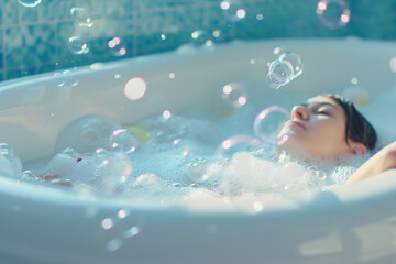 Relaxation scenes, a woman enjoying a bubble bath. Soap bubbles fly in the air.